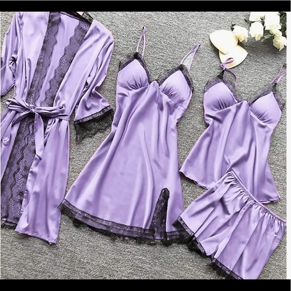 4 Pieces Women Pajamas Set Satin Sleepwear Silk Nightwear Spaghetti Strap Lace - Picture 1 of 3